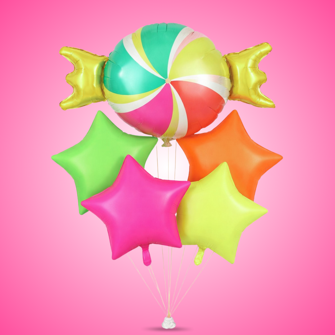 Candy Theme Helium Balloon Set of 5 (1 Candy Shape + 4 Neon Star Balloons 18 Inch) | Helium Filled & Delivered Inflated| Kids Birthday Decoration