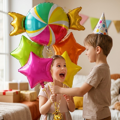 Candy Theme Helium Balloon Set of 5 (1 Candy Shape + 4 Neon Star Balloons 18 Inch) | Helium Filled & Delivered Inflated| Kids Birthday Decoration