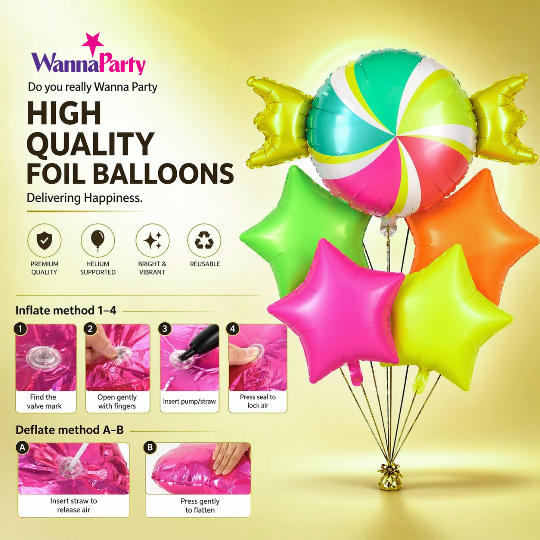 Candy Theme Helium Balloon Set of 5 (1 Candy Shape + 4 Neon Star Balloons 18 Inch) | Helium Filled & Delivered Inflated| Kids Birthday Decoration