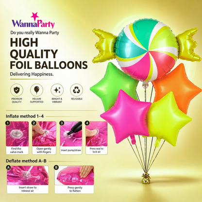 Candy Theme Helium Balloon Set of 5 (1 Candy Shape + 4 Neon Star Balloons 18 Inch) | Helium Filled & Delivered Inflated| Kids Birthday Decoration
