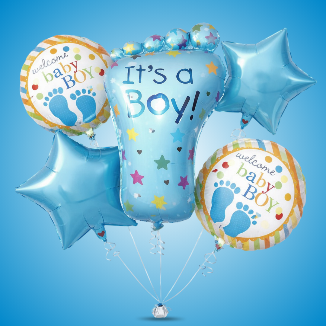 It’s a Boy Feet Shaped Helium Balloon Set of 5 (Baby Feet + Welcome Baby Boy + Blue Star Balloons) | Pre-Inflated & Delivered | Baby Shower Decoration
