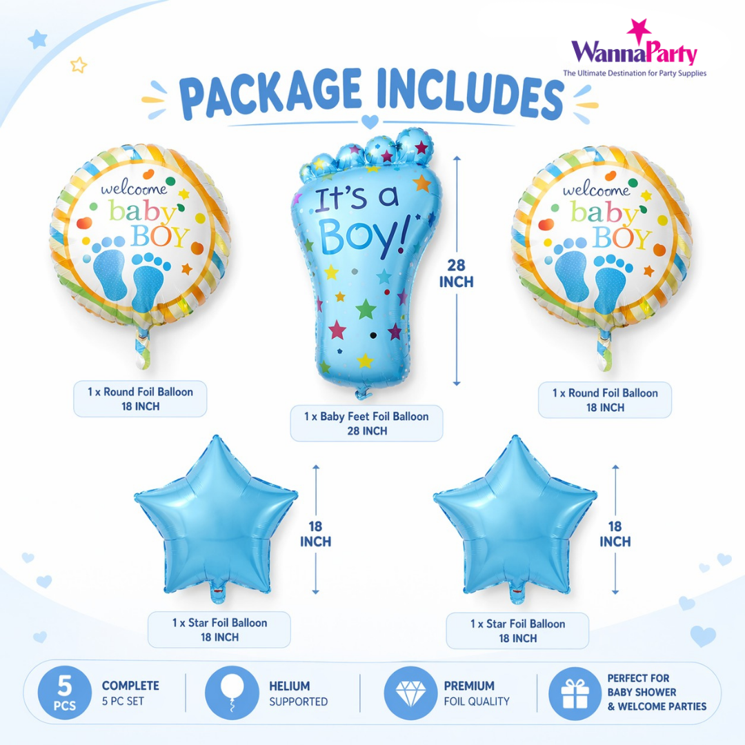 It’s a Boy Feet Shaped Helium Balloon Set of 5 (Baby Feet + Welcome Baby Boy + Blue Star Balloons) | Pre-Inflated & Delivered | Baby Shower Decoration