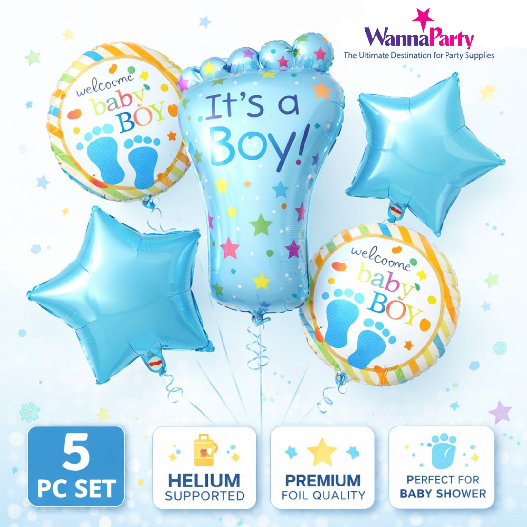 It’s a Boy Feet Shaped Helium Balloon Set of 5 (Baby Feet + Welcome Baby Boy + Blue Star Balloons) | Pre-Inflated & Delivered | Baby Shower Decoration