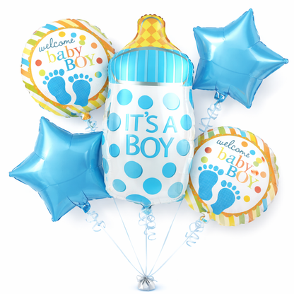 It’s a Boy  Bottle Shaped Helium Balloon Set of 5 (Baby Bottle + Welcome Baby Boy + Blue Star Balloons) | Pre-Inflated & Delivered | Baby Shower Decoration