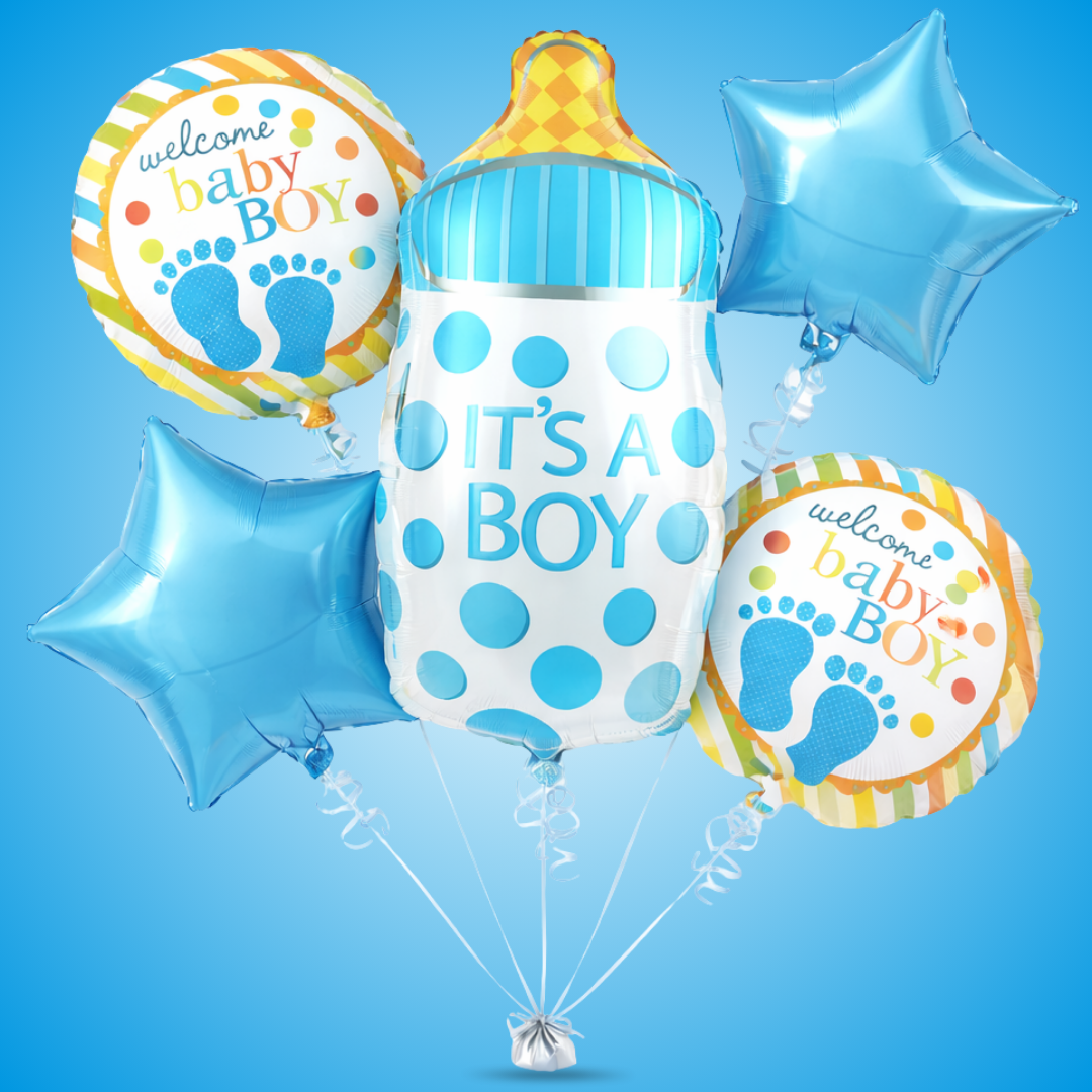 It’s a Boy  Bottle Shaped Helium Balloon Set of 5 (Baby Bottle + Welcome Baby Boy + Blue Star Balloons) | Pre-Inflated & Delivered | Baby Shower Decoration