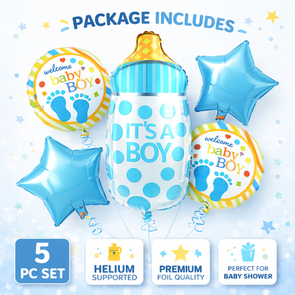 It’s a Boy  Bottle Shaped Helium Balloon Set of 5 (Baby Bottle + Welcome Baby Boy + Blue Star Balloons) | Pre-Inflated & Delivered | Baby Shower Decoration