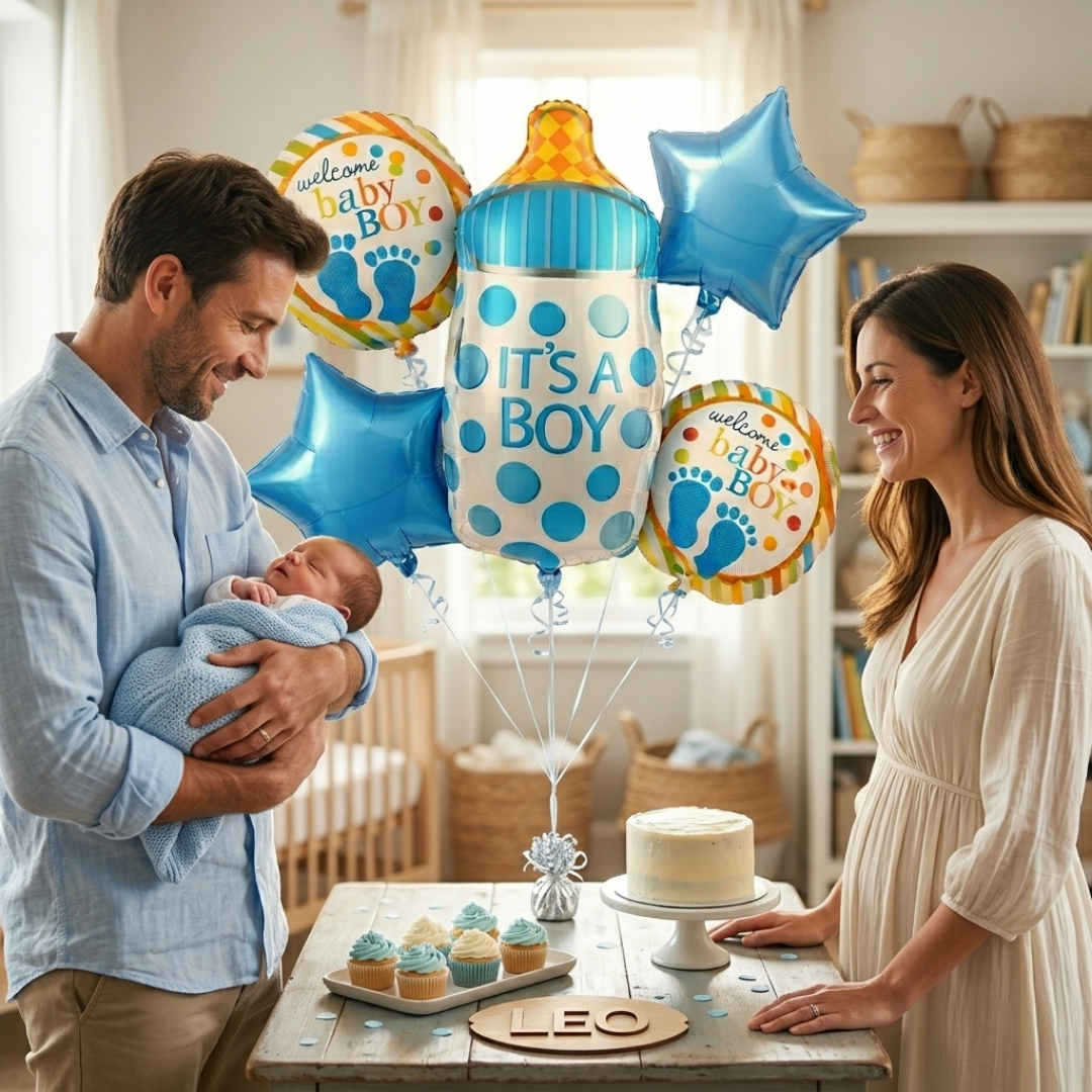 It’s a Boy  Bottle Shaped Helium Balloon Set of 5 (Baby Bottle + Welcome Baby Boy + Blue Star Balloons) | Pre-Inflated & Delivered | Baby Shower Decoration