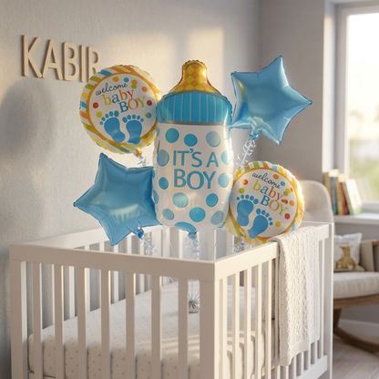 It’s a Boy  Bottle Shaped Helium Balloon Set of 5 (Baby Bottle + Welcome Baby Boy + Blue Star Balloons) | Pre-Inflated & Delivered | Baby Shower Decoration