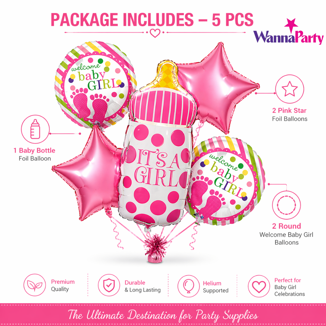 It's a Girl Baby Bottle Welcome Baby Girl Balloon - Set of 5