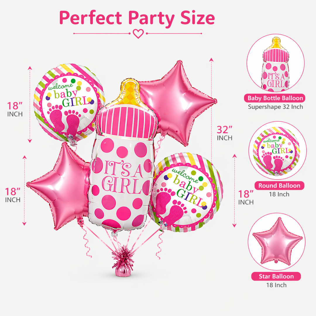 It's a Girl Baby Bottle Welcome Baby Girl Balloon - Set of 5
