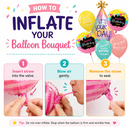 It’s Your Day Helium Balloon Set of 6 (Birthday Hat Supershape + 2 Happy Birthday Round Foil + 3 Printed Balloons) | Pre-Inflated & Delivered | Birthday Decoration