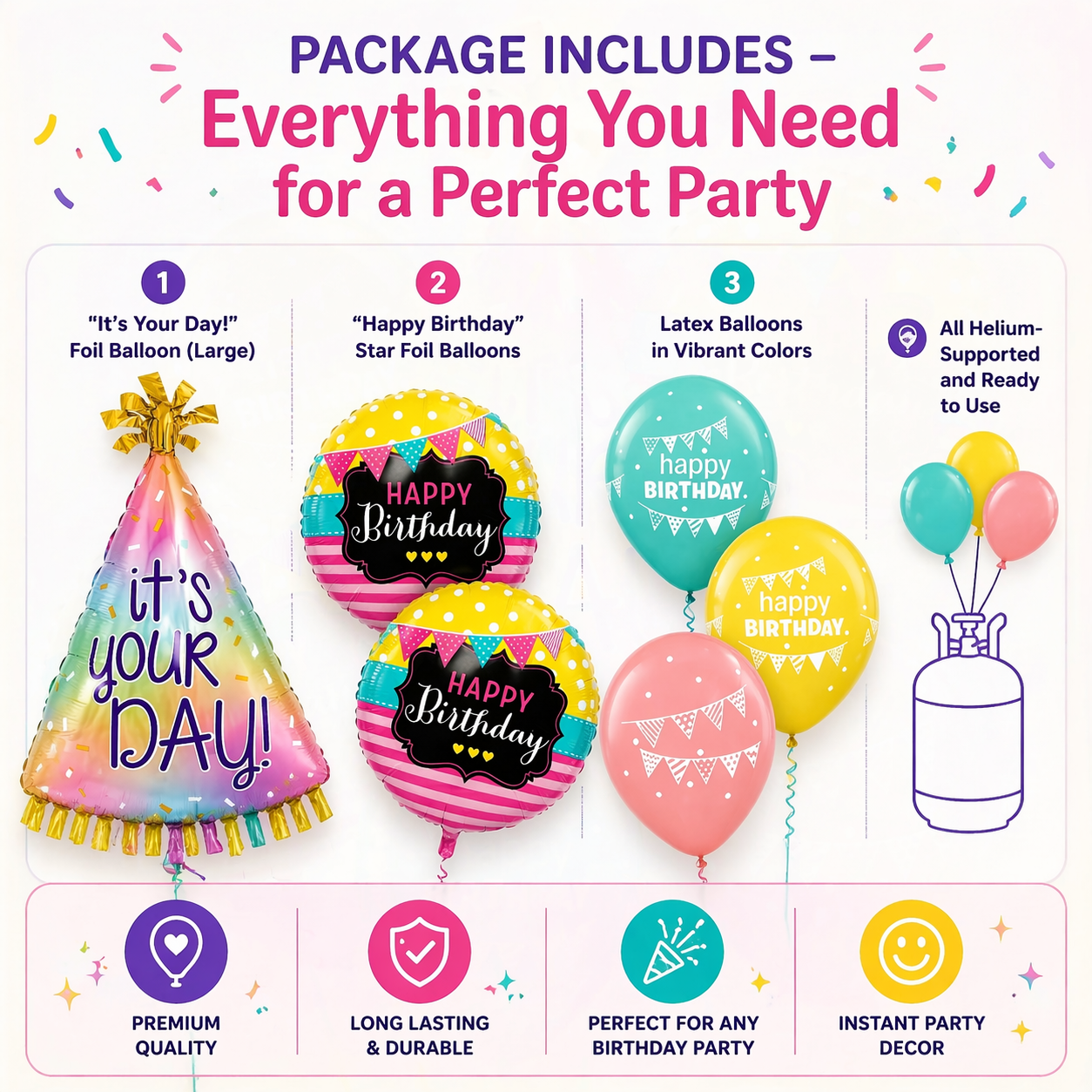 It’s Your Day Helium Balloon Set of 6 (Birthday Hat Supershape + 2 Happy Birthday Round Foil + 3 Printed Balloons) | Pre-Inflated & Delivered | Birthday Decoration