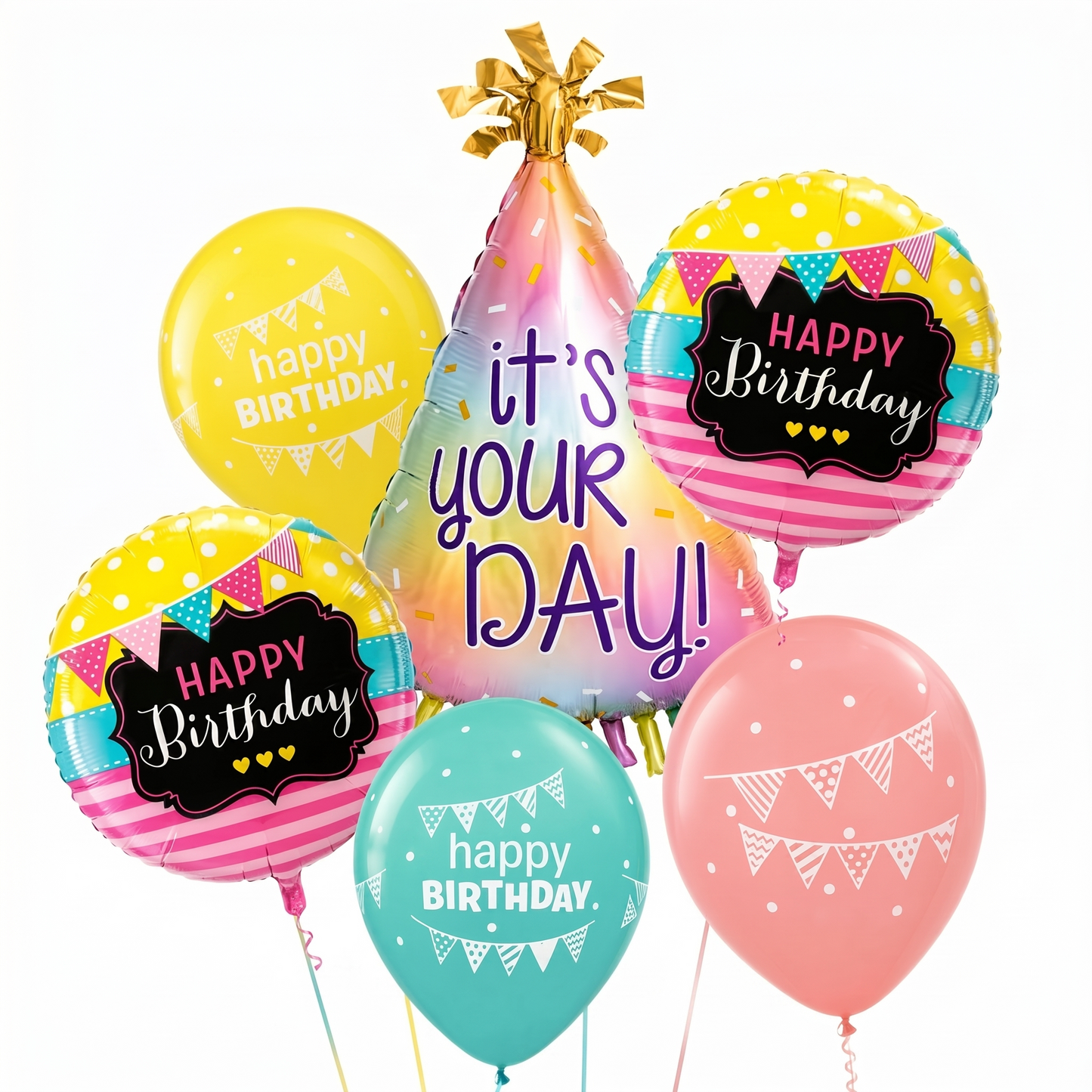 It’s Your Day Helium Balloon Set of 6 (Birthday Hat Supershape + 2 Happy Birthday Round Foil + 3 Printed Balloons) | Pre-Inflated & Delivered | Birthday Decoration