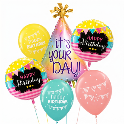 It’s Your Day Helium Balloon Set of 6 (Birthday Hat Supershape + 2 Happy Birthday Round Foil + 3 Printed Balloons) | Pre-Inflated & Delivered | Birthday Decoration