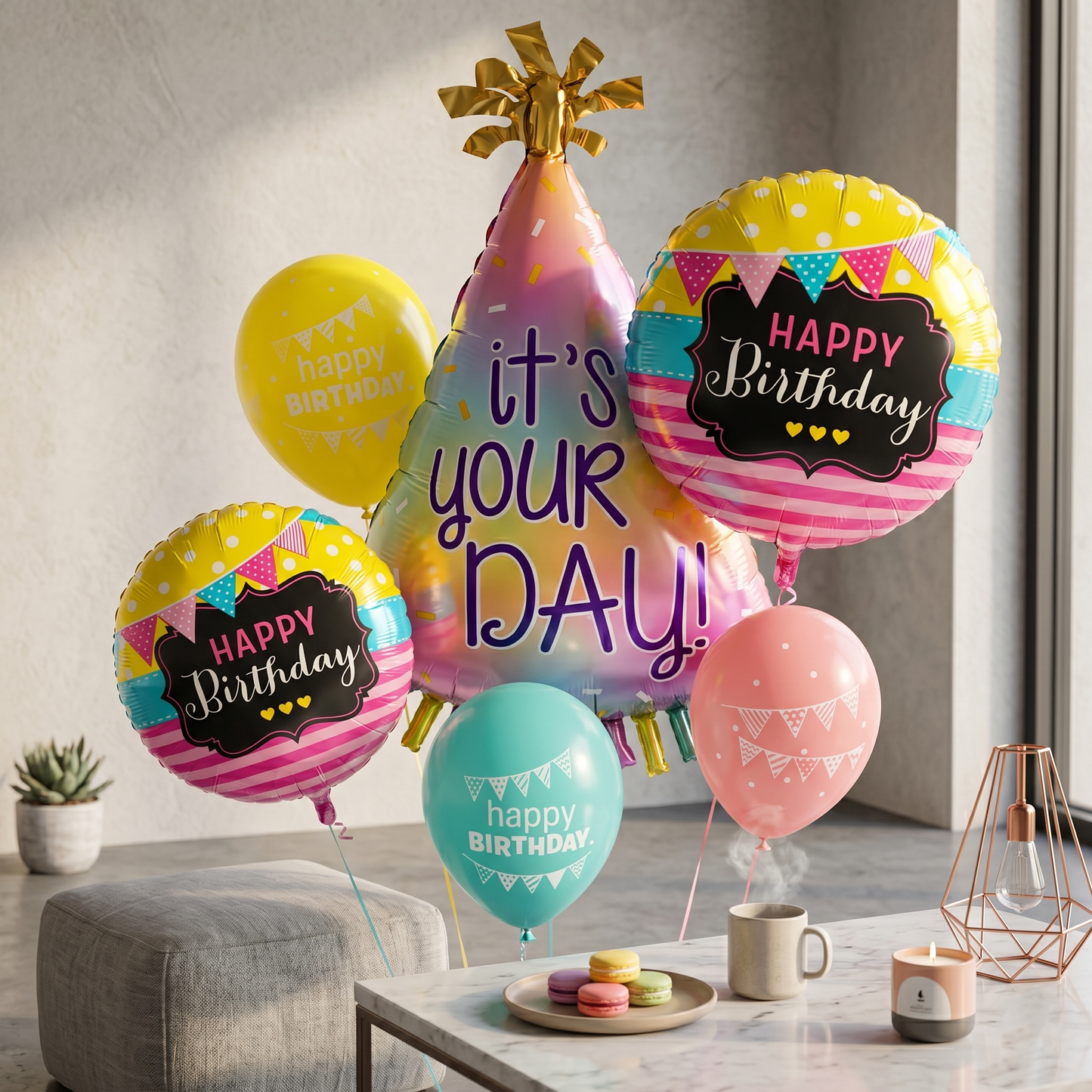 It’s Your Day Helium Balloon Set of 6 (Birthday Hat Supershape + 2 Happy Birthday Round Foil + 3 Printed Balloons) | Pre-Inflated & Delivered | Birthday Decoration