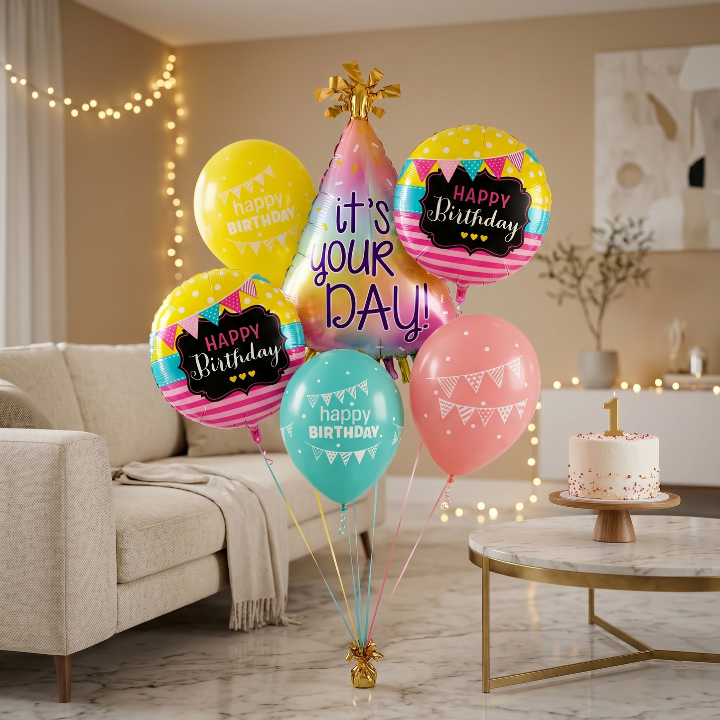 It’s Your Day Helium Balloon Set of 6 (Birthday Hat Supershape + 2 Happy Birthday Round Foil + 3 Printed Balloons) | Pre-Inflated & Delivered | Birthday Decoration