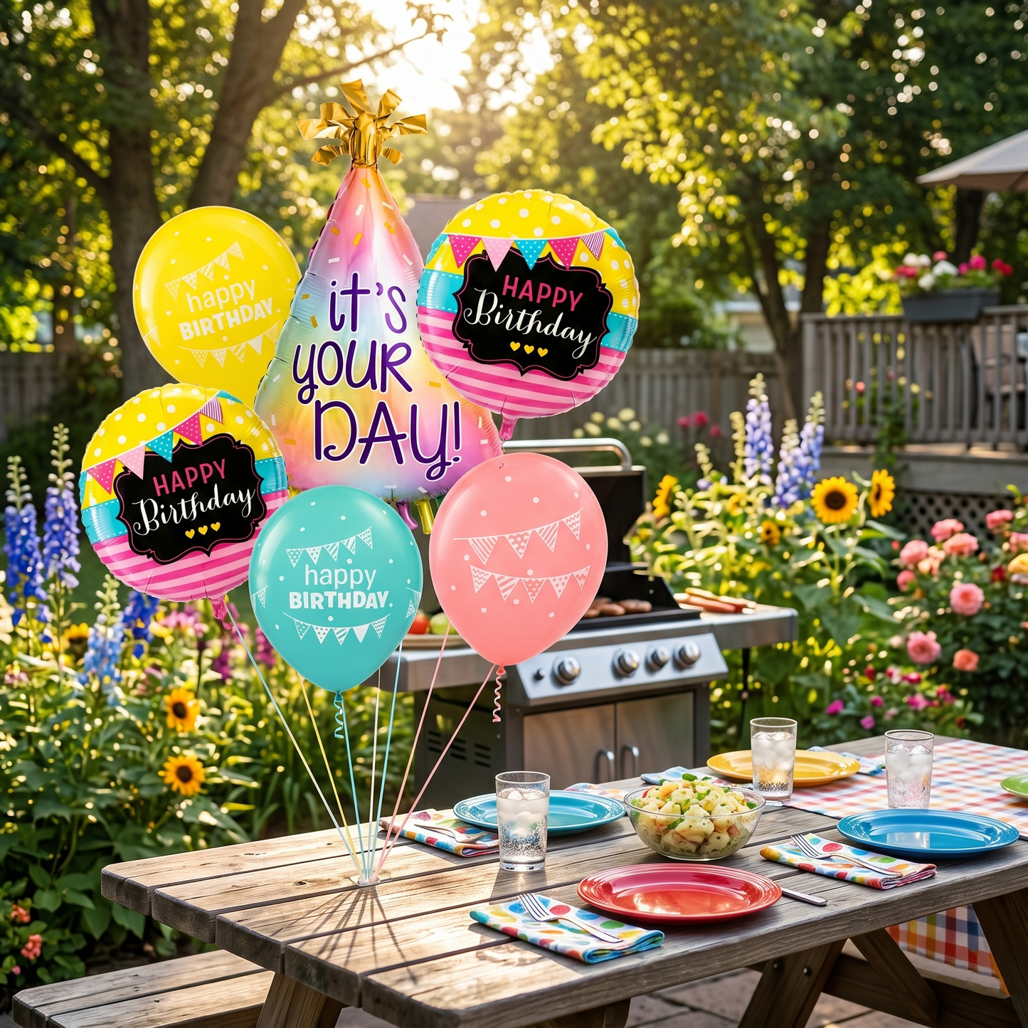 It’s Your Day Helium Balloon Set of 6 (Birthday Hat Supershape + 2 Happy Birthday Round Foil + 3 Printed Balloons) | Pre-Inflated & Delivered | Birthday Decoration