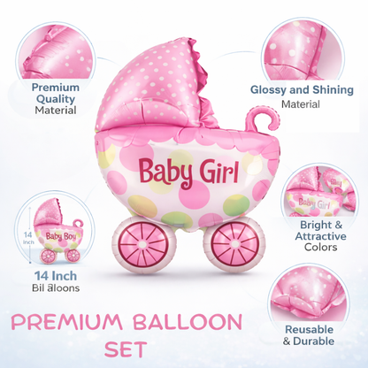 Baby Girl Pram Foil Balloon Set for Baby Girl Arrival Party 14 inches - 6PC | Trousseau Packing Gifting Balloon Decoration