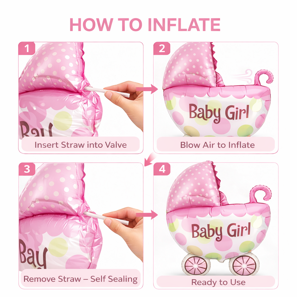 Baby Girl Pram Foil Balloon Set for Baby Girl Arrival Party 14 inches - 6PC | Trousseau Packing Gifting Balloon Decoration