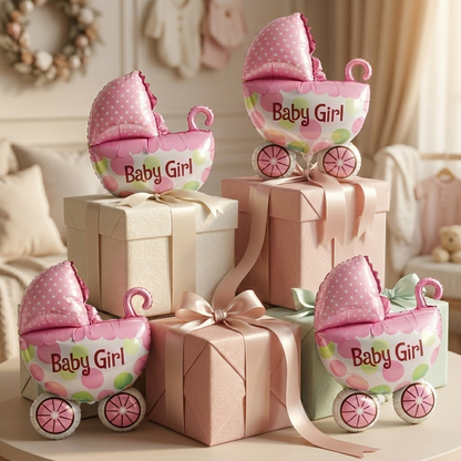Baby Girl Pram Foil Balloon Set for Baby Girl Arrival Party 14 inches - 6PC | Trousseau Packing Gifting Balloon Decoration