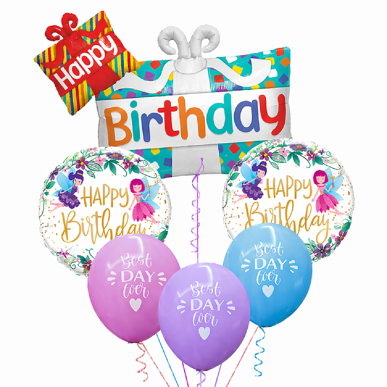 Happy Birthday Gift Box Helium Balloon Set of 6 (Dual Gift Box Supershape + 2 Happy Birthday Round Foil + 3 Best Day Ever Balloons) | Pre-Inflated & Delivered | Birthday Decoration