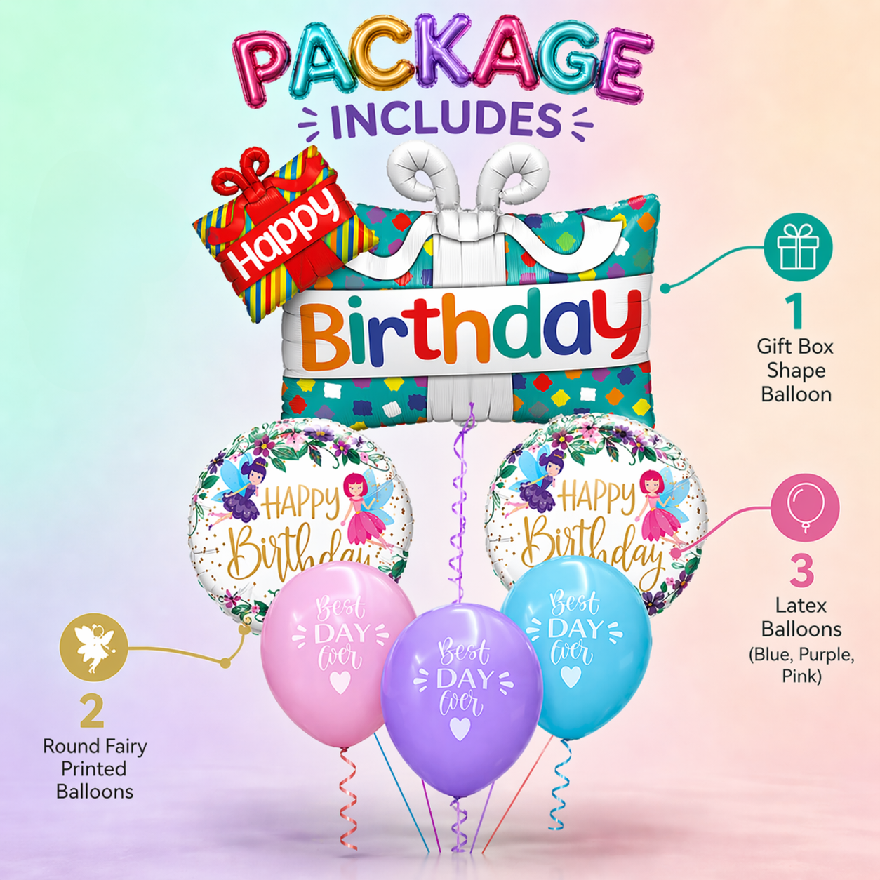 Happy Birthday Gift Box Helium Balloon Set of 6 (Dual Gift Box Supershape + 2 Happy Birthday Round Foil + 3 Best Day Ever Balloons) | Pre-Inflated & Delivered | Birthday Decoration