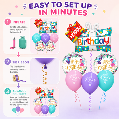 Happy Birthday Gift Box Helium Balloon Set of 6 (Dual Gift Box Supershape + 2 Happy Birthday Round Foil + 3 Best Day Ever Balloons) | Pre-Inflated & Delivered | Birthday Decoration