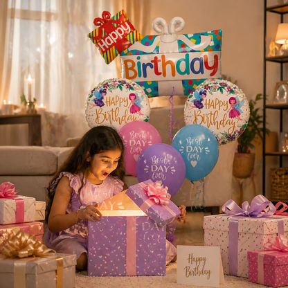 Happy Birthday Gift Box Helium Balloon Set of 6 (Dual Gift Box Supershape + 2 Happy Birthday Round Foil + 3 Best Day Ever Balloons) | Pre-Inflated & Delivered | Birthday Decoration