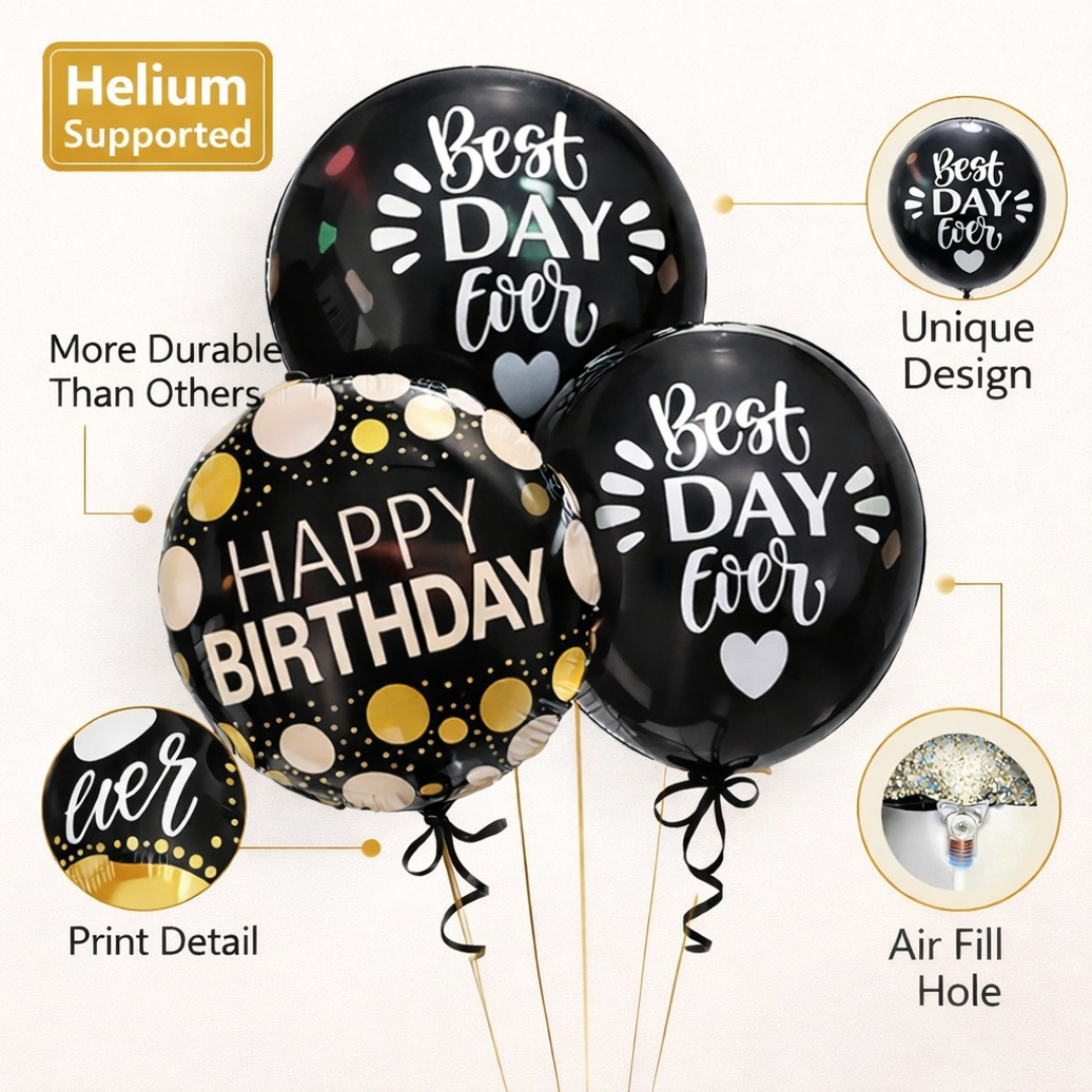 Starry Wine Bottle Helium Balloon Set of 6 (Wine Bottle + 2 Happy Birthday Round Foil + 3 Best Day Ever Black & White Balloons) | Pre-Inflated & Delivered | Birthday Decoration