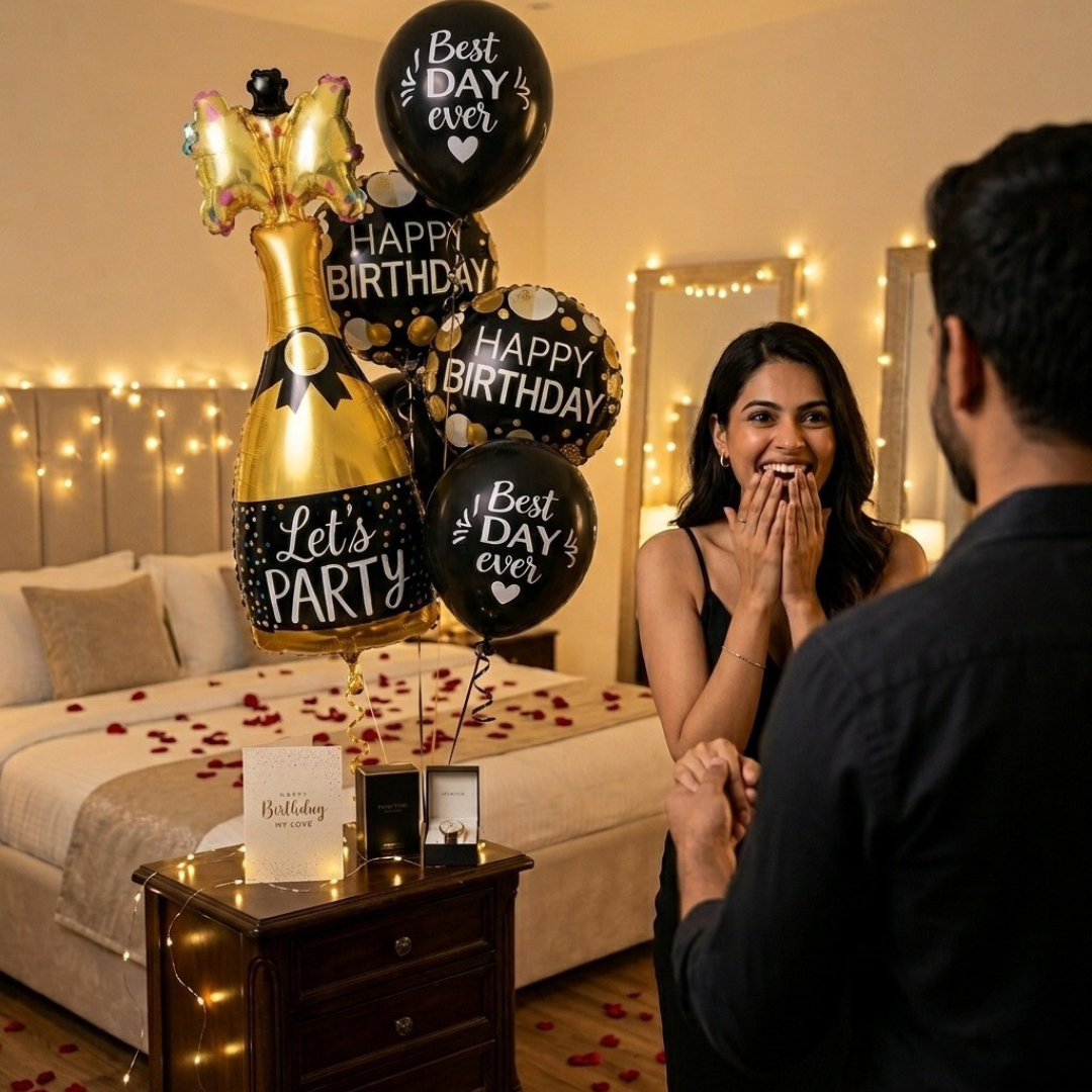 Starry Wine Bottle Helium Balloon Set of 6 (Wine Bottle + 2 Happy Birthday Round Foil + 3 Best Day Ever Black & White Balloons) | Pre-Inflated & Delivered | Birthday Decoration