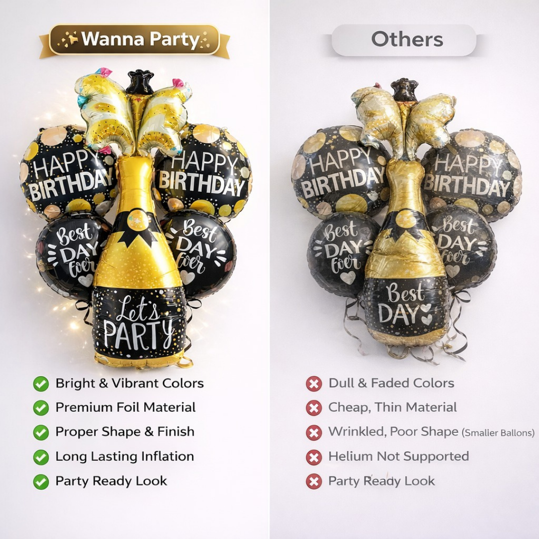 Starry Wine Bottle Helium Balloon Set of 6 (Wine Bottle + 2 Happy Birthday Round Foil + 3 Best Day Ever Black & White Balloons) | Pre-Inflated & Delivered | Birthday Decoration