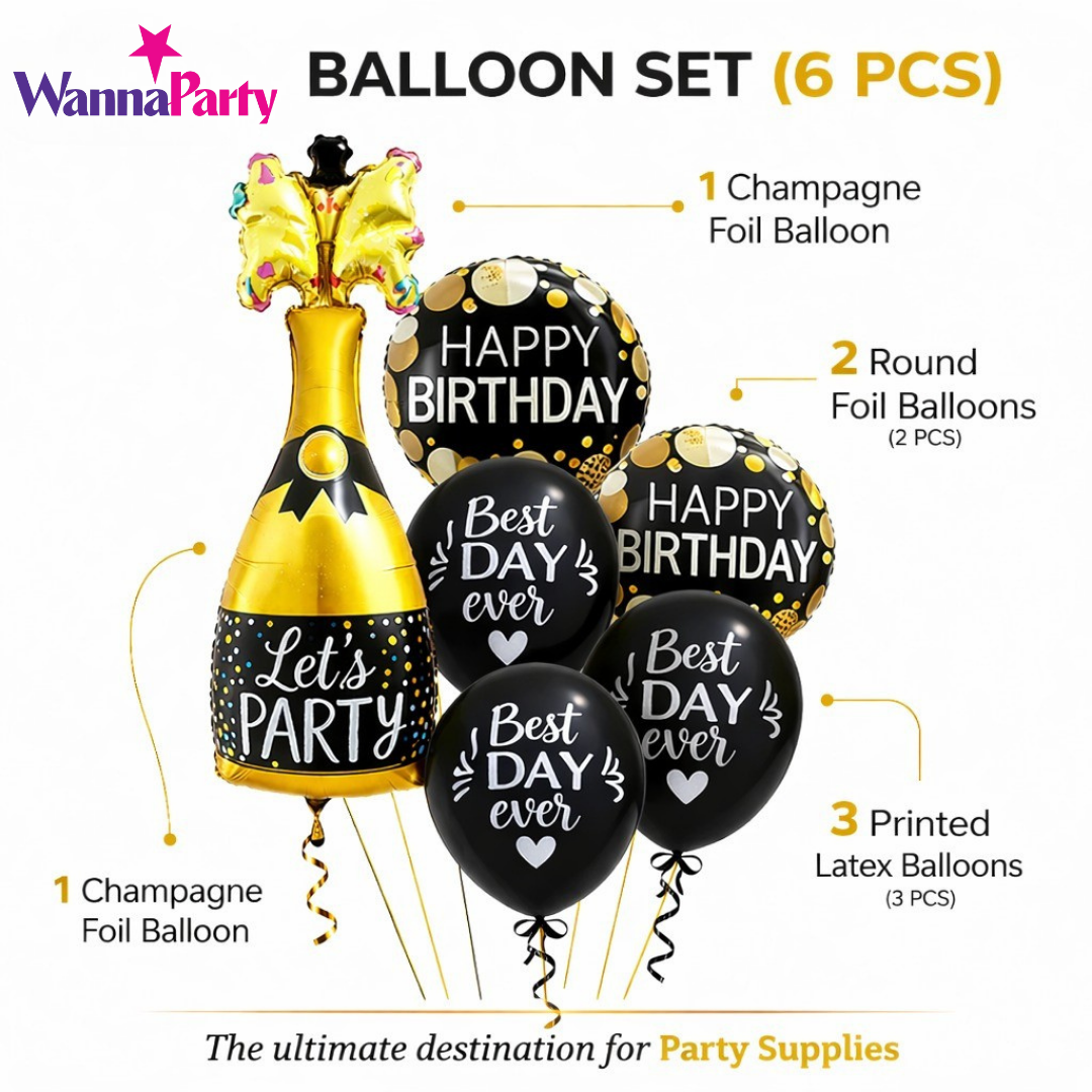 Starry Wine Bottle Helium Balloon Set of 6 (Wine Bottle + 2 Happy Birthday Round Foil + 3 Best Day Ever Black & White Balloons) | Pre-Inflated & Delivered | Birthday Decoration