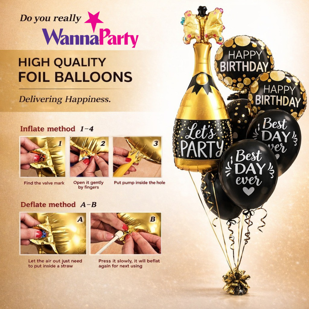 Starry Wine Bottle Helium Balloon Set of 6 (Wine Bottle + 2 Happy Birthday Round Foil + 3 Best Day Ever Black & White Balloons) | Pre-Inflated & Delivered | Birthday Decoration