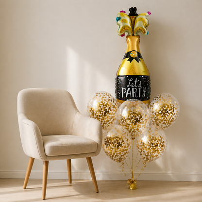 Let’s Party” Champagne Glass Foil Balloon Set of 6 for Celebration Decoration | 1 Supershape Champagne Balloon + 5 Gold Confetti Balloons |