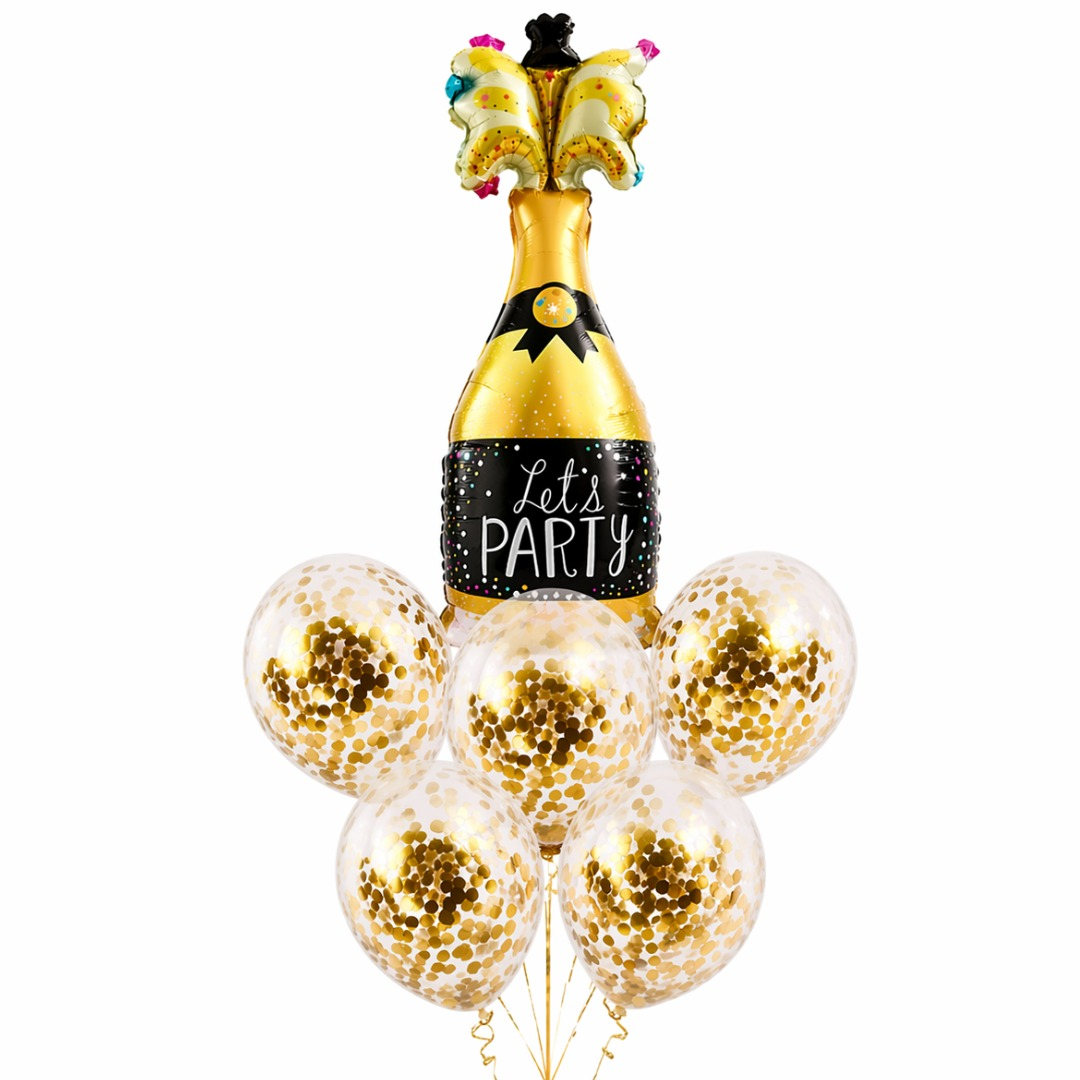 Let’s Party” Champagne Glass Foil Balloon Set of 6 for Celebration Decoration | 1 Supershape Champagne Balloon + 5 Gold Confetti Balloons |