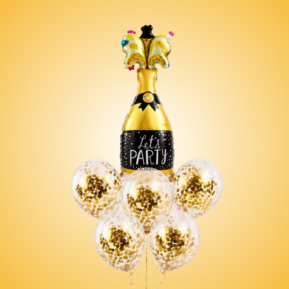 Let’s Party” Champagne Glass Foil Balloon Set of 6 for Celebration Decoration | 1 Supershape Champagne Balloon + 5 Gold Confetti Balloons |