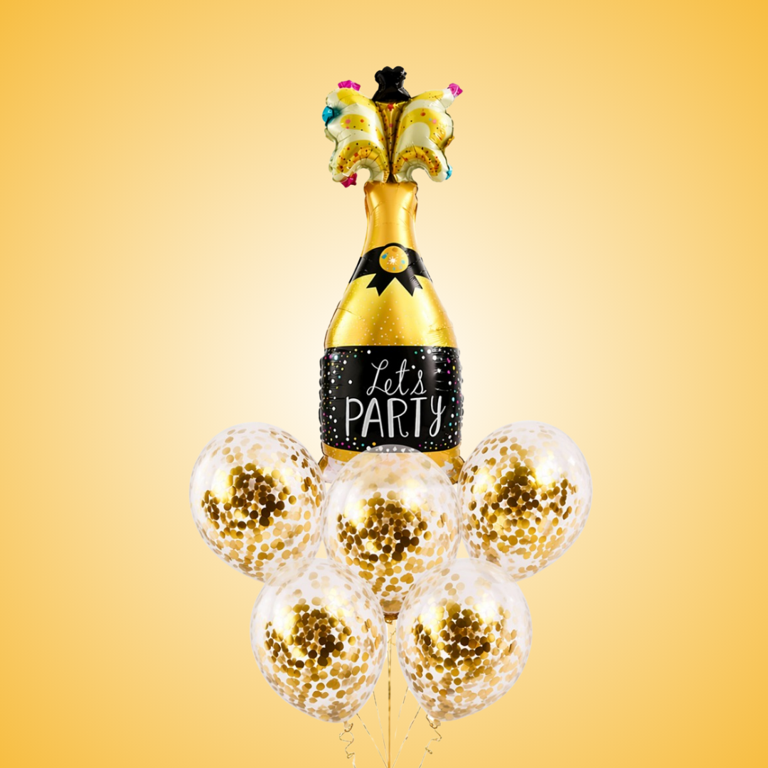 Let’s Party Champagne Glass Helium Balloon Set of 6 (1 Supershape Champagne + 5 Gold Confetti Balloons) | Pre-Inflated & Delivered | Celebration Decoration