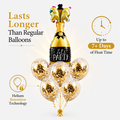 Let’s Party” Champagne Glass Foil Balloon Set of 6 for Celebration Decoration | 1 Supershape Champagne Balloon + 5 Gold Confetti Balloons |