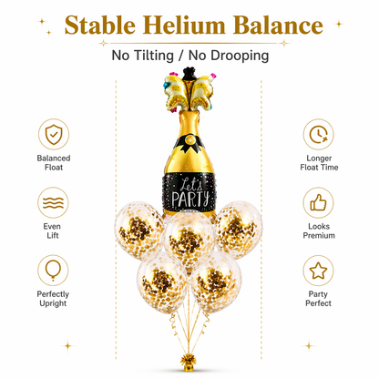 Let’s Party Champagne Glass Helium Balloon Set of 6 (1 Supershape Champagne + 5 Gold Confetti Balloons) | Pre-Inflated & Delivered | Celebration Decoration