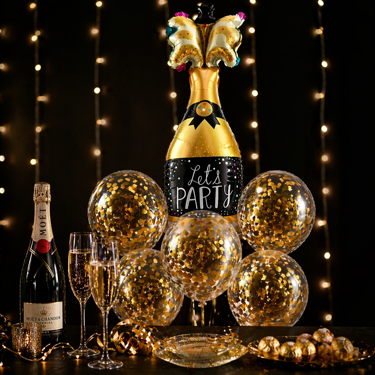 Let’s Party Champagne Glass Helium Balloon Set of 6 (1 Supershape Champagne + 5 Gold Confetti Balloons) | Pre-Inflated & Delivered | Celebration Decoration