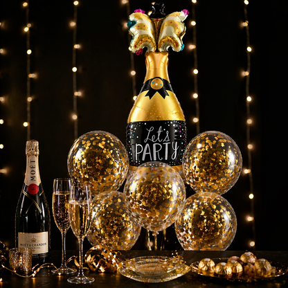 Let’s Party Champagne Glass Helium Balloon Set of 6 (1 Supershape Champagne + 5 Gold Confetti Balloons) | Pre-Inflated & Delivered | Celebration Decoration