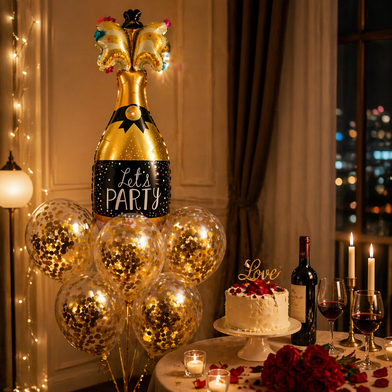 Let’s Party Champagne Glass Helium Balloon Set of 6 (1 Supershape Champagne + 5 Gold Confetti Balloons) | Pre-Inflated & Delivered | Celebration Decoration