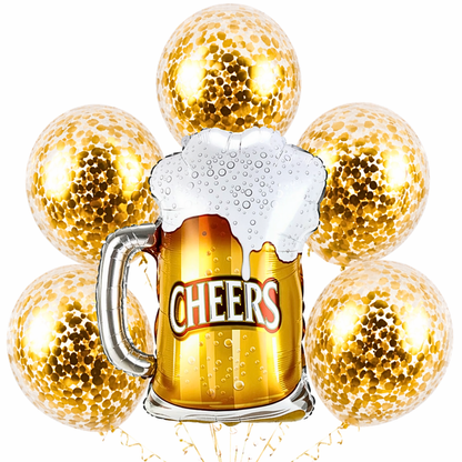 Cheers Beer Mug Supershape Foil Balloon Set of 6 for Celebration Decoration | Beer Mug Balloon + Gold Confetti Balloons