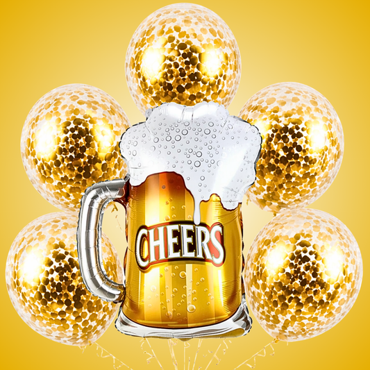 Cheers Beer Mug Supershape Foil Balloon Set of 6 for Celebration Decoration | Beer Mug Balloon + Gold Confetti Balloons