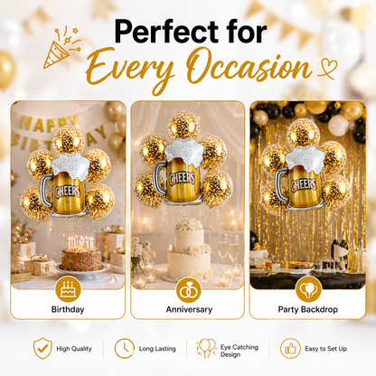 Cheers Beer Mug Helium Balloon Set of 6 (Beer Mug Supershape + Gold Confetti Balloons) | Pre-Inflated & Delivered