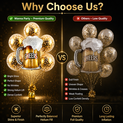 Cheers Beer Mug Supershape Foil Balloon Set of 6 for Celebration Decoration | Beer Mug Balloon + Gold Confetti Balloons