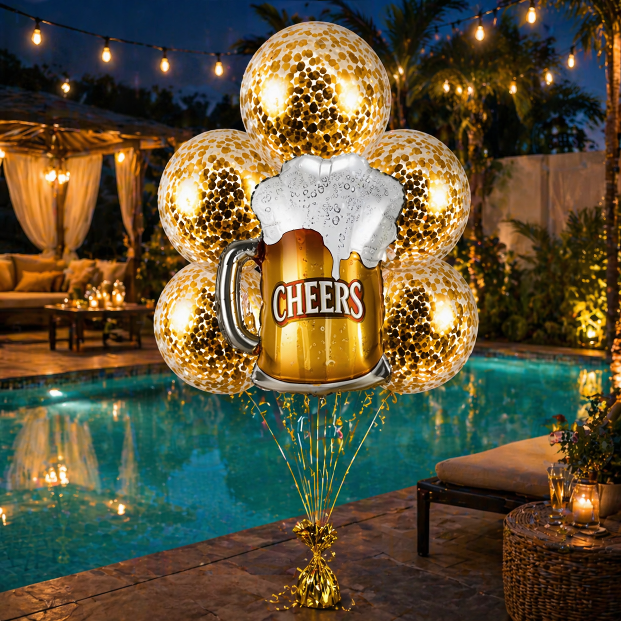 Cheers Beer Mug Helium Balloon Set of 6 (Beer Mug Supershape + Gold Confetti Balloons) | Pre-Inflated & Delivered