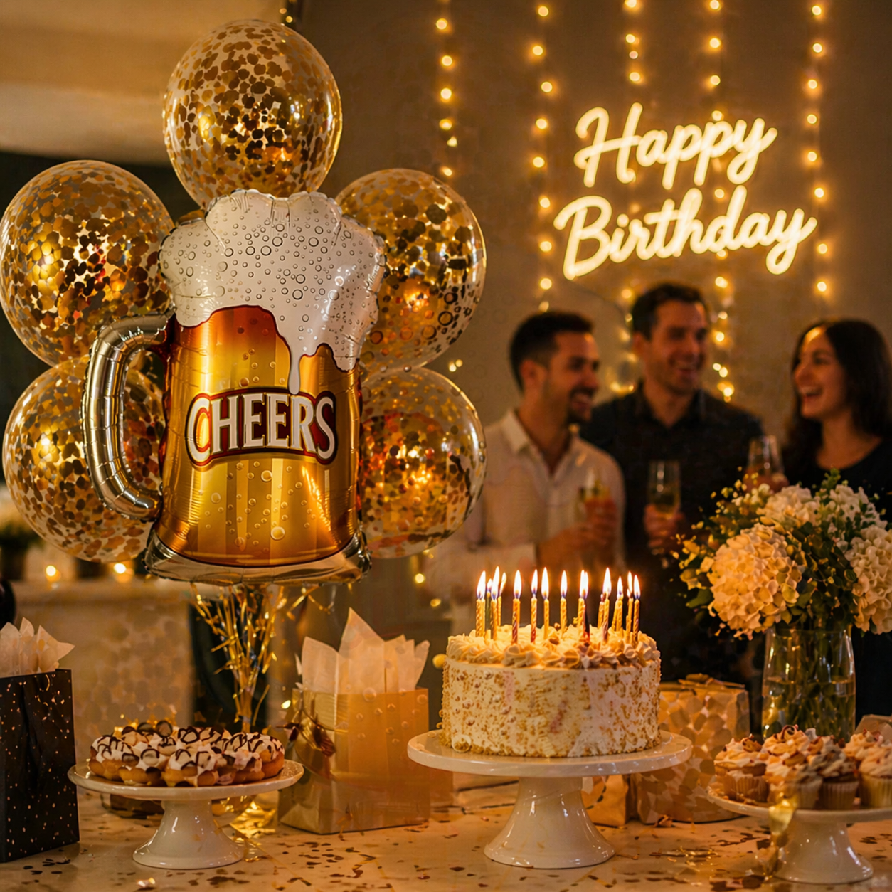 Cheers Beer Mug Helium Balloon Set of 6 (Beer Mug Supershape + Gold Confetti Balloons) | Pre-Inflated & Delivered