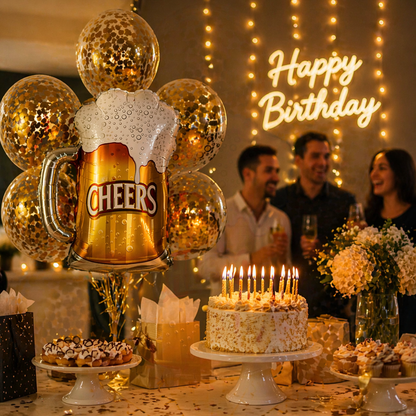 Cheers Beer Mug Supershape Foil Balloon Set of 6 for Celebration Decoration | Beer Mug Balloon + Gold Confetti Balloons