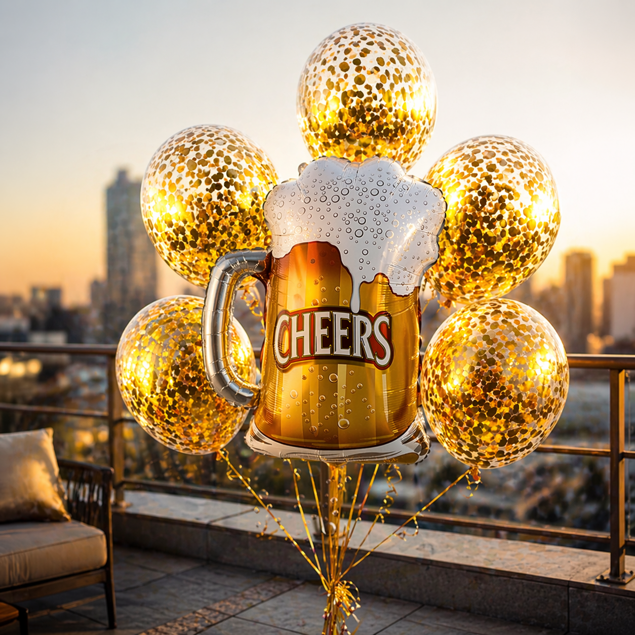 Cheers Beer Mug Helium Balloon Set of 6 (Beer Mug Supershape + Gold Confetti Balloons) | Pre-Inflated & Delivered